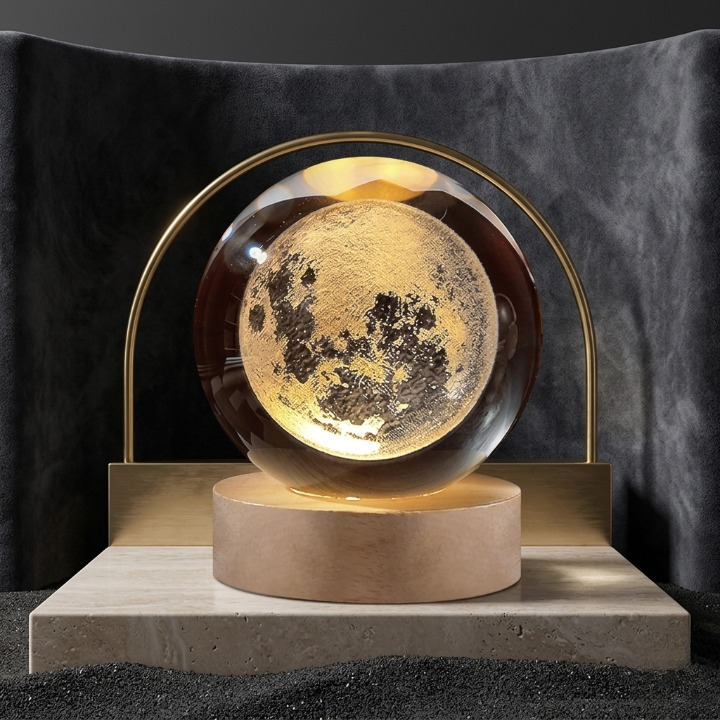 3D Crystal Ball Moon Night Light – Luxury LED Galaxy Lamp with Wooden Base