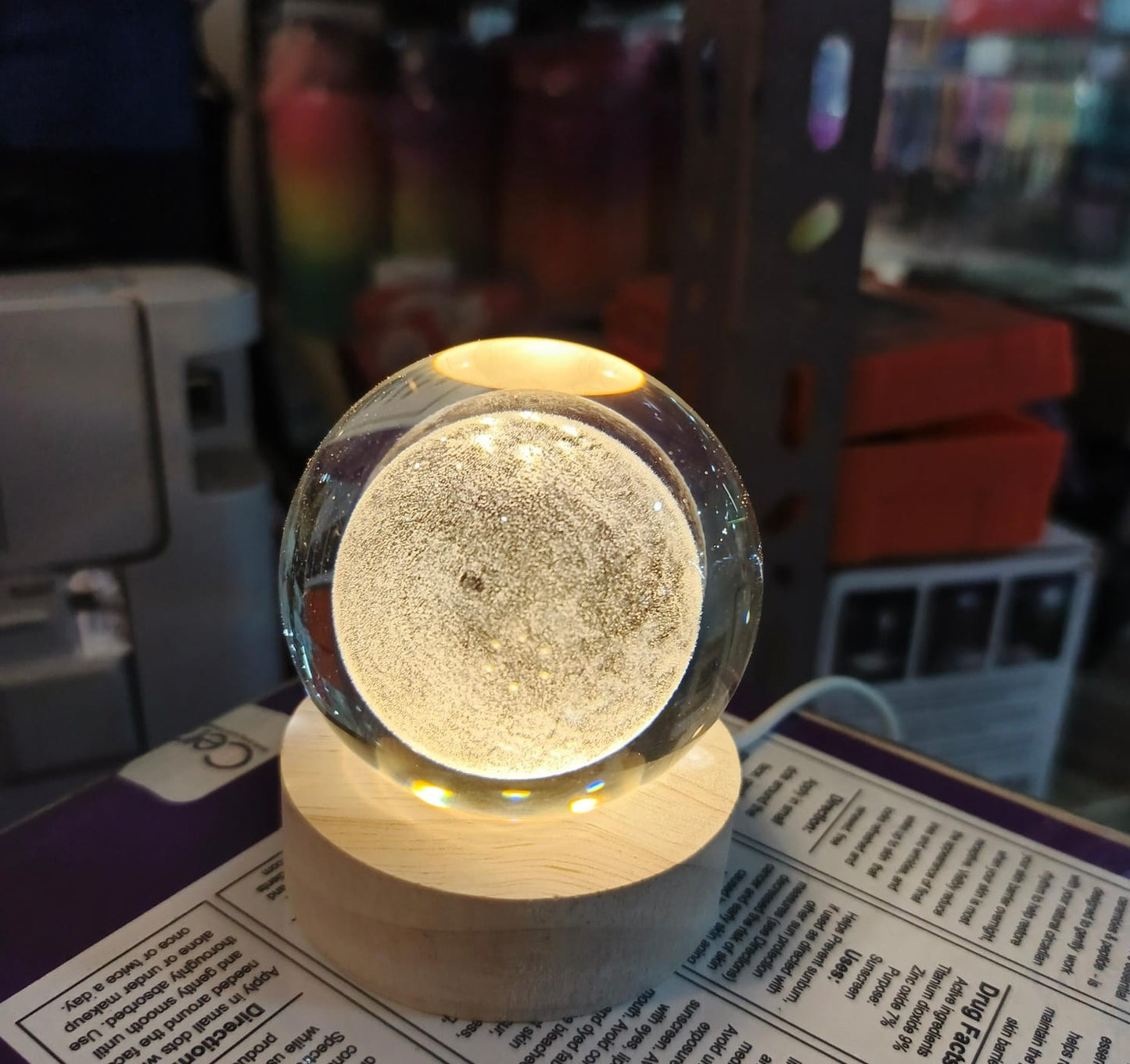 3D Crystal Ball Moon Night Light – Luxury LED Galaxy Lamp with Wooden Base