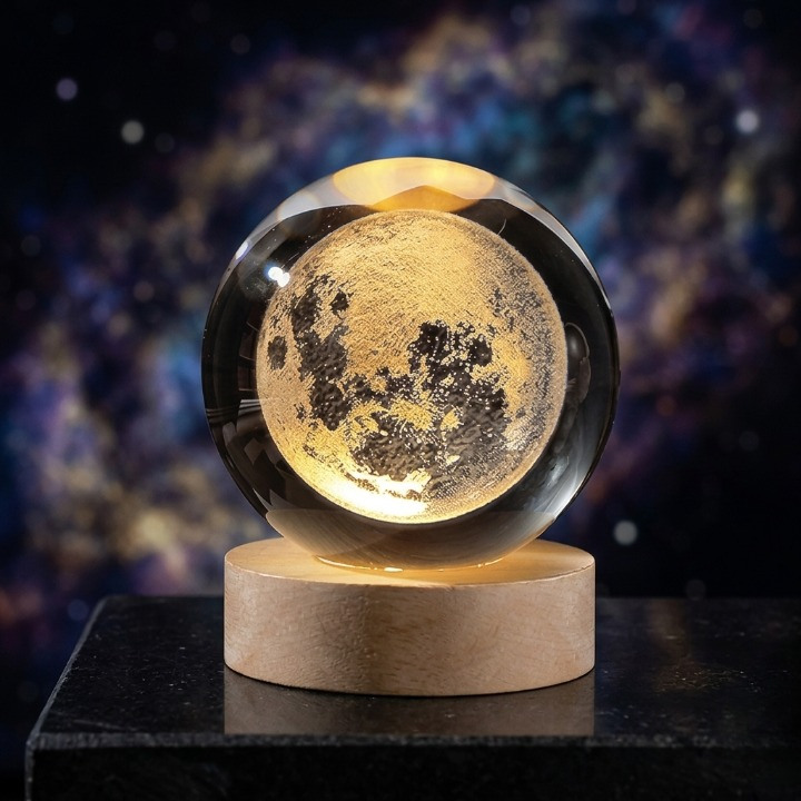 3D Crystal Ball Moon Night Light – Luxury LED Galaxy Lamp with Wooden Base