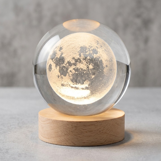 3D Crystal Ball Moon Night Light – Luxury LED Galaxy Lamp with Wooden Base
